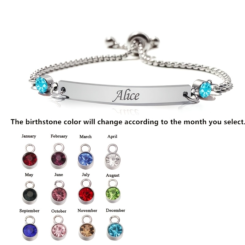 TEMU Personalized Name Bracelet With Birthstone & Engravable Message - Name/initials/date/, Adjustable Chain Suitable For Mom, Wife, Girlfriend Gift