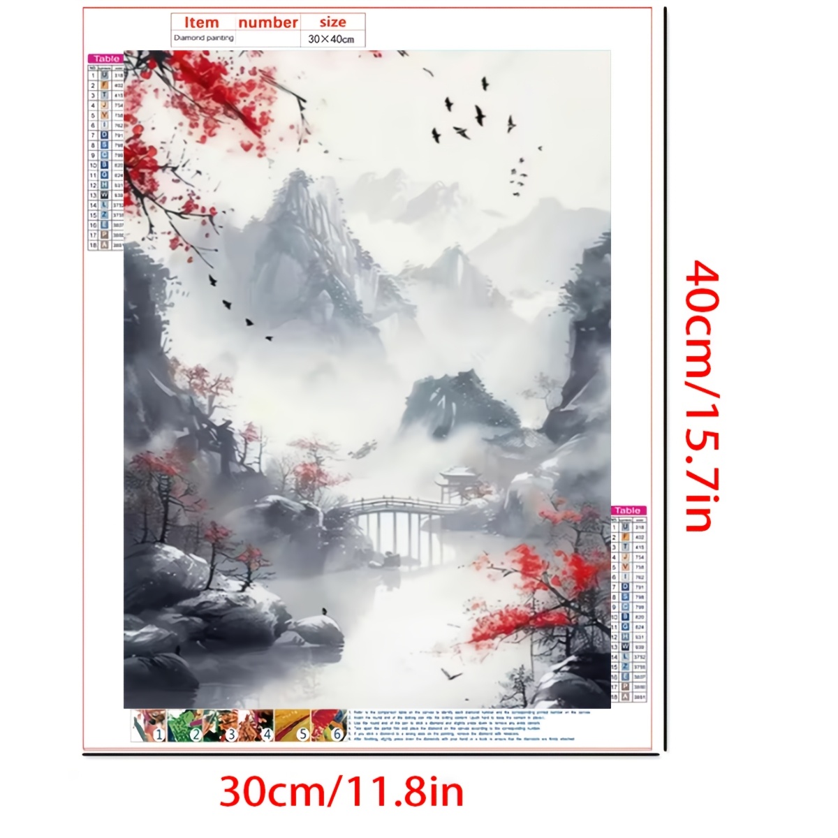 TEMU 1 Set Diy Diamond Painting Kit, Elegant Chinese Style With , Red & Ancient Bridge, Mosaic Art For Living Room, Study, Tea Room, Gift For Chinese