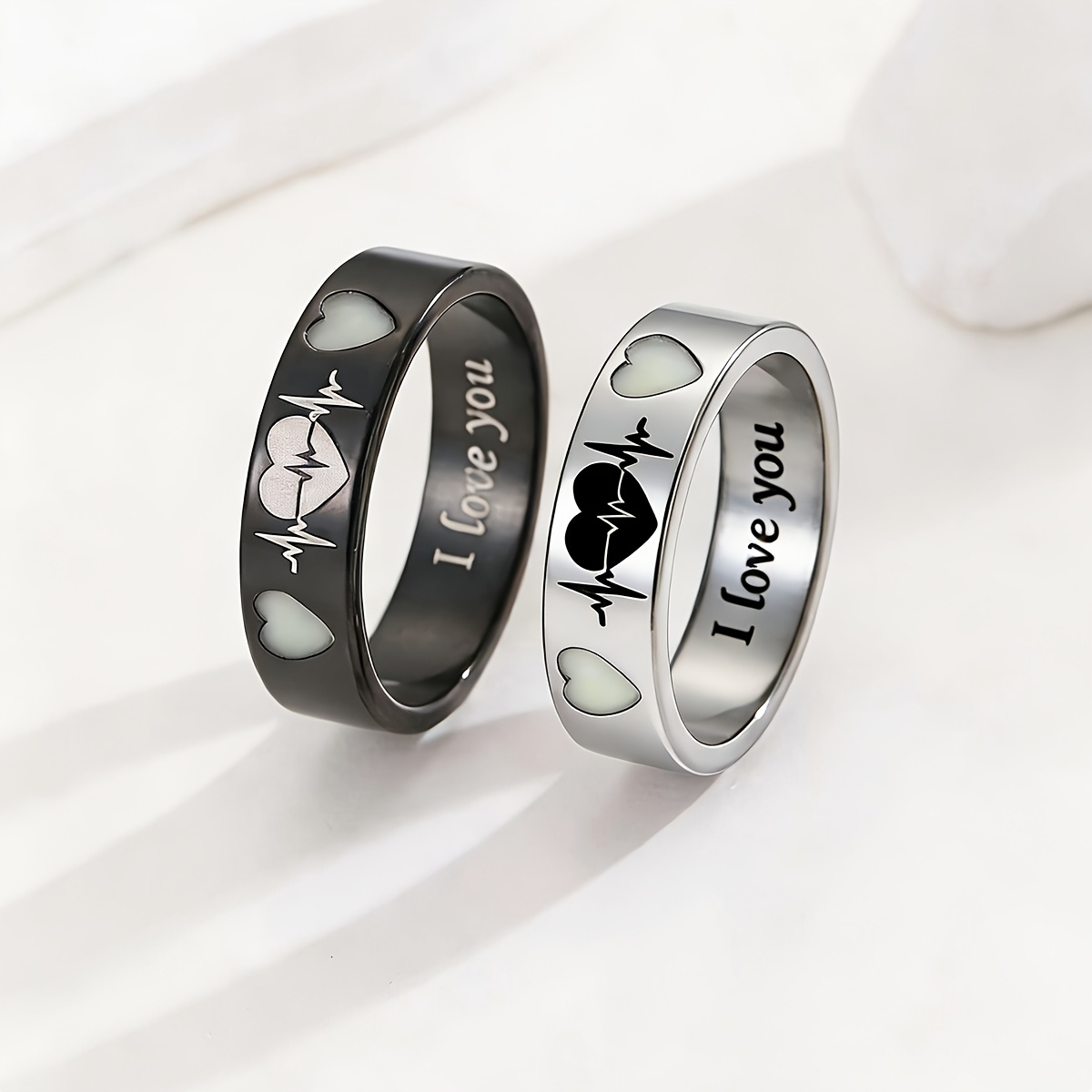 TEMU 2pcs -the-dark Couple's Matching Rings Suitable For , Heartbeat I Love You With Luminous Double Heartbeat, Wearable Jewelry Gift For Valentine's