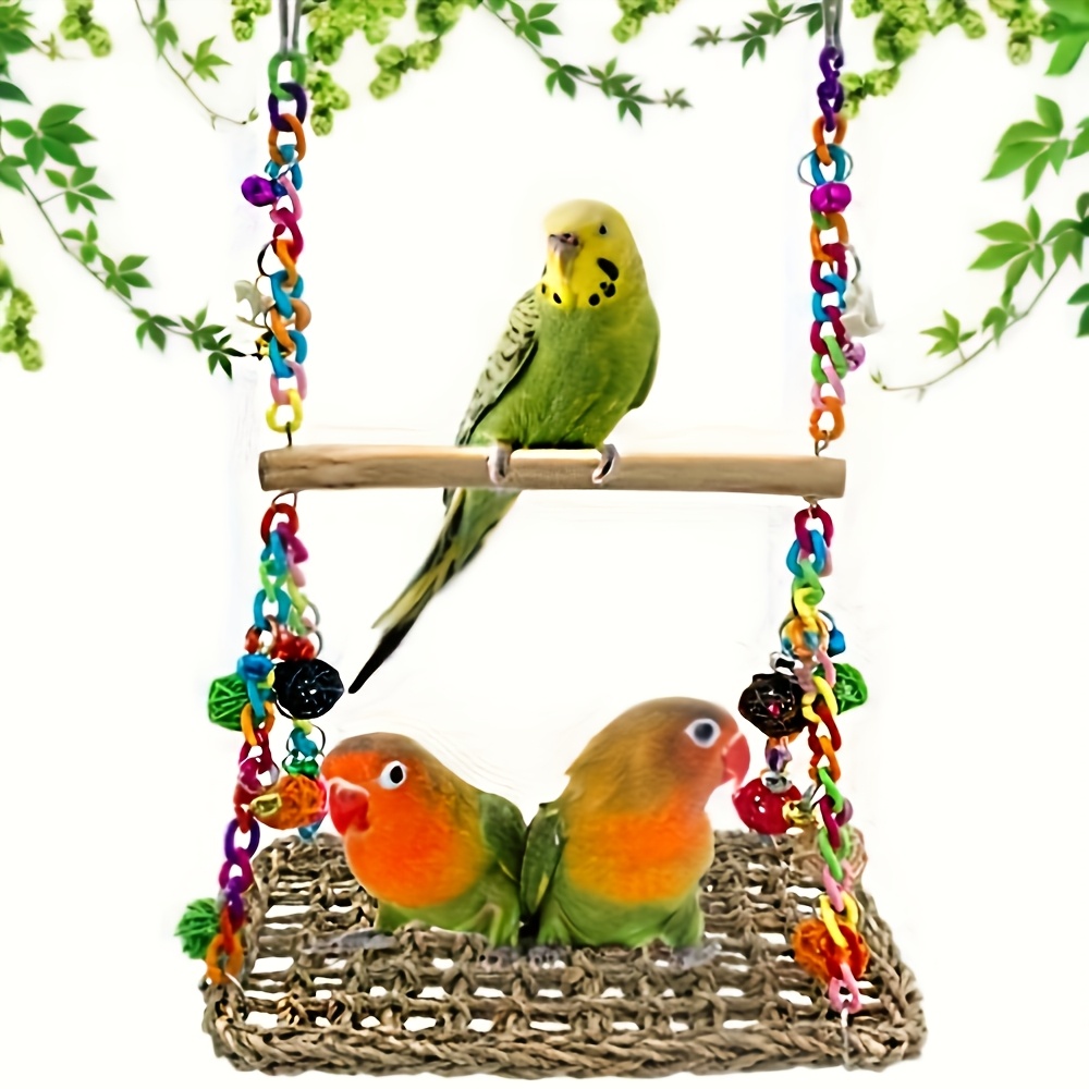 Image of Deluxe Woven Parrot Perch Stand Swing Toy - Colorful Hammock With Chewing Balls, Hanging Rope, Bells, And Cage Accessories For Playing And Exercise - And Clean Random Color