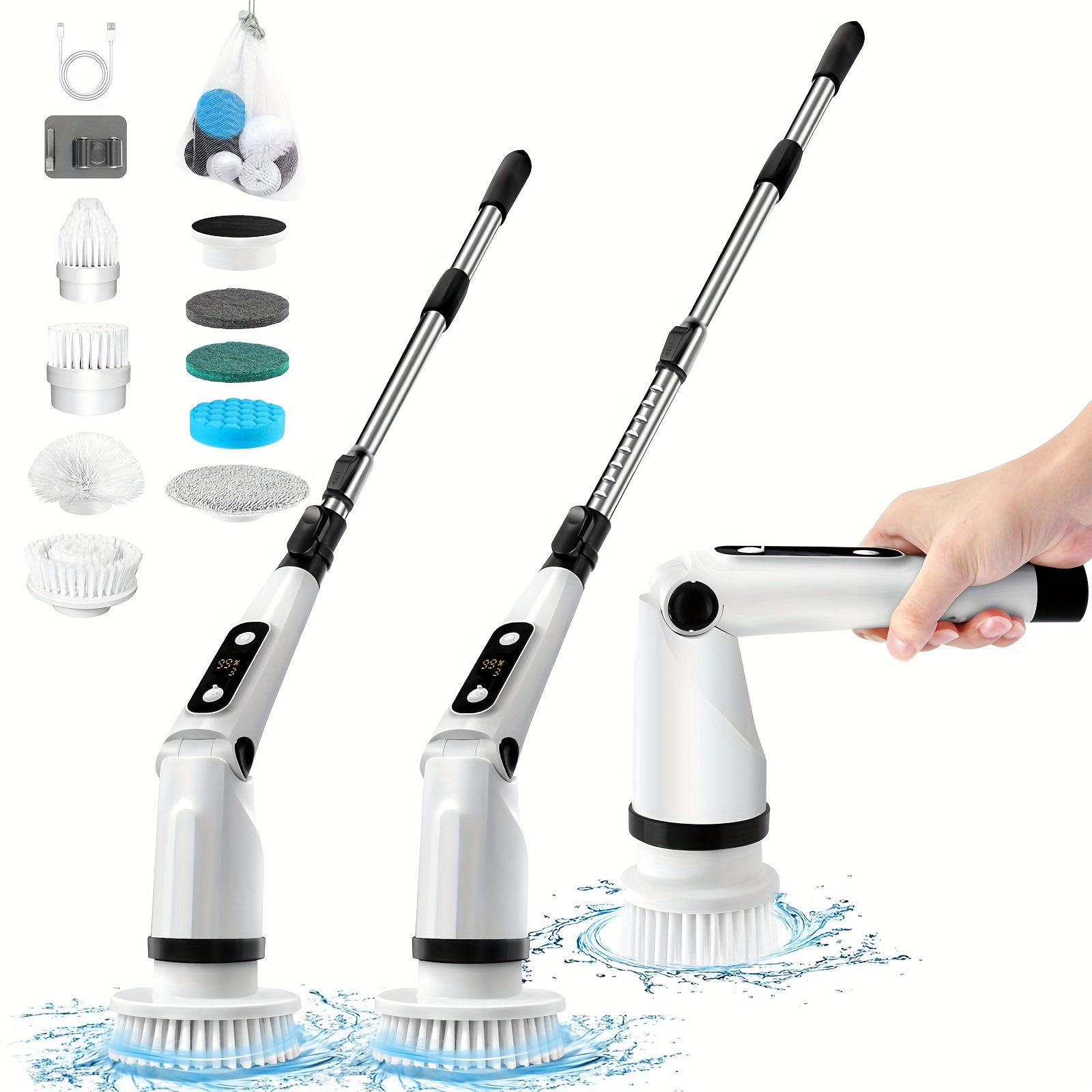 

Cordless Electric Spin Scrubber, Cleaning Brush Scrubber For Home, 450rpm/mins-8 Replaceable Brush Heads-120mins Work Time, 3 Adjustable Size, 3 Speeds For Bathroom Shower Bathtub Glass Car