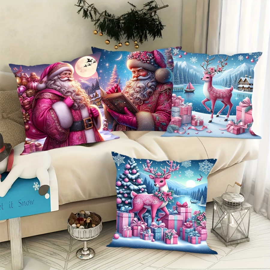 

4pcs Contemporary Christmas Reindeer & Santa Claus Velvet Printed Throw Cushion Covers, Machine Washable, Zippered, Festive Decoration For Home, Bedroom, Living Room, And Office - 18x18 Inches