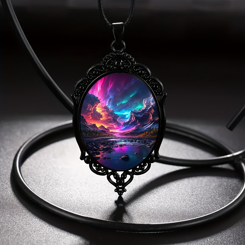 

1pc Fashionable And Elegant Aurora Borealis Pattern Oval Alloy Glass Black Necklace, Perfect Accessory For Birthday Gifts And Party Celebrations