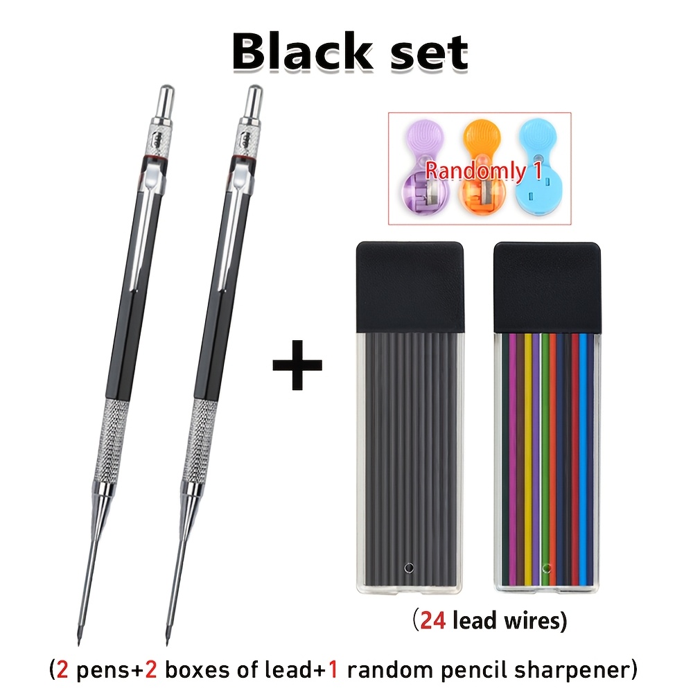 2.0mm Metal Mechanical Hb Automatic Pencil, Equipped With A Pencil Sharpener , Suitable For Marking Illustrations With Extra Long Holes (2 Pens+2 Boxes Of Lead+1 Random Pencil Sharpener)