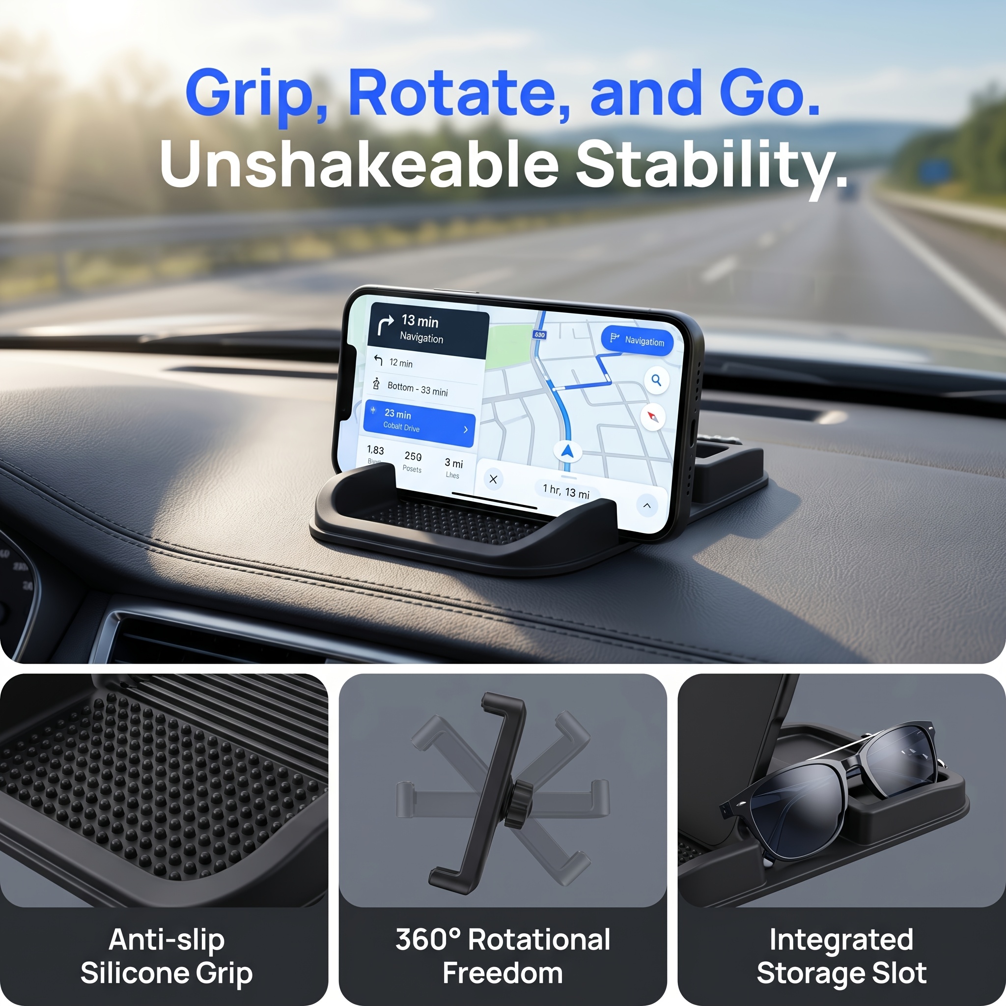 TEMU Multifunctional Car Dashboard Phone Holder, Rotatable Non-slip Silicone Storage Pad, Car Navigation Bracket Auto Interior Accessory