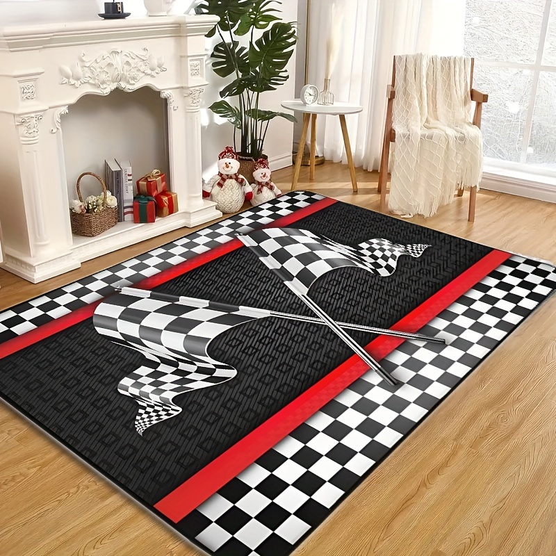 1   racing themed mat 1 1cm thick non slip machine washable mat with black white checkered flag and red stripes ideal for teens boys girls men   for living room bedroom kitchen   details 9