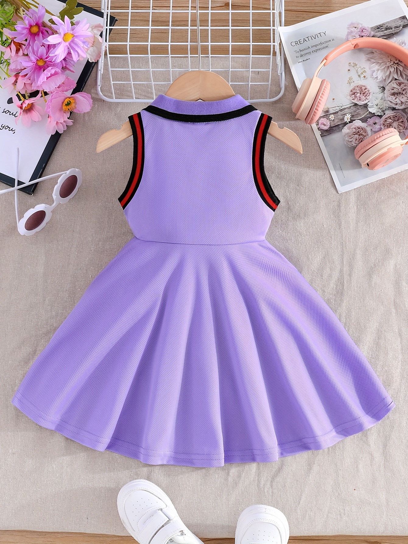 Toddler Sleeveless A-Line Dress - Vibrant Green with Black & White Striped Design, Button-Up Collar, Perfect for Summer Outdoor Activities, Youngsters' Fashion, Casual Wear|Sporty Style|Strapless Design, Youngsters Dress