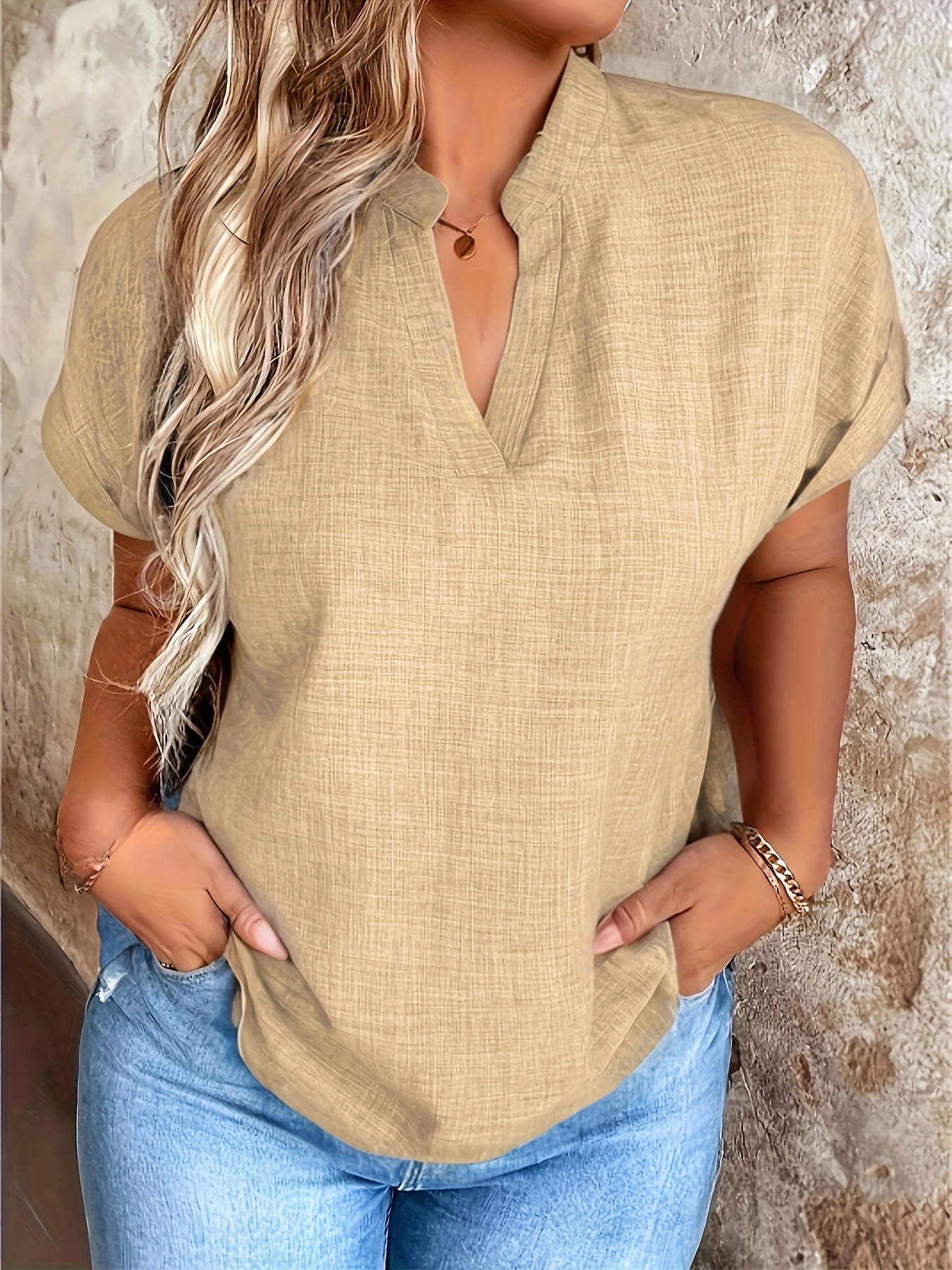 Women's Casual V-Neck Blouse with Small Stand-Up Collar - Vibrant Yellow Solid Color, Regular Fit, Machine Washable, Versatile for Spring Summer Fall, Seasonal Fashion Top, Sophisticated Casualwear, Lightweight Fabric, Everyday Top, Classic Style, Breathable Material, Stylish Top, Office Casual