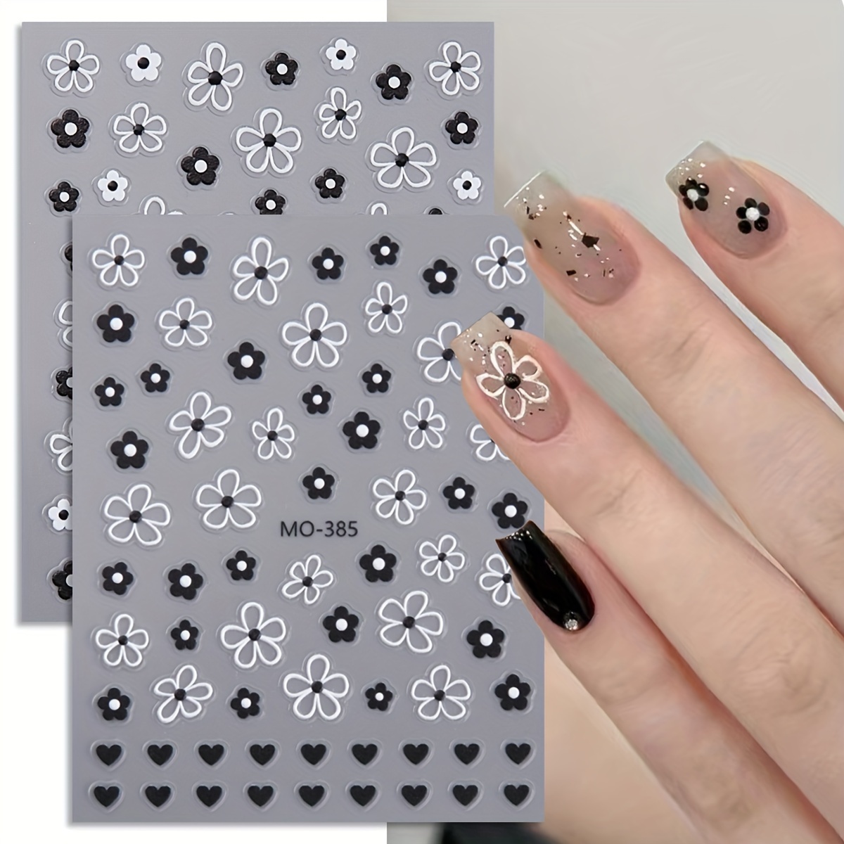 

2pcs Matte Floral Nail Art Stickers - Black & White Flowers, Petals & Hearts - Self-adhesive Embellishments For Elegant