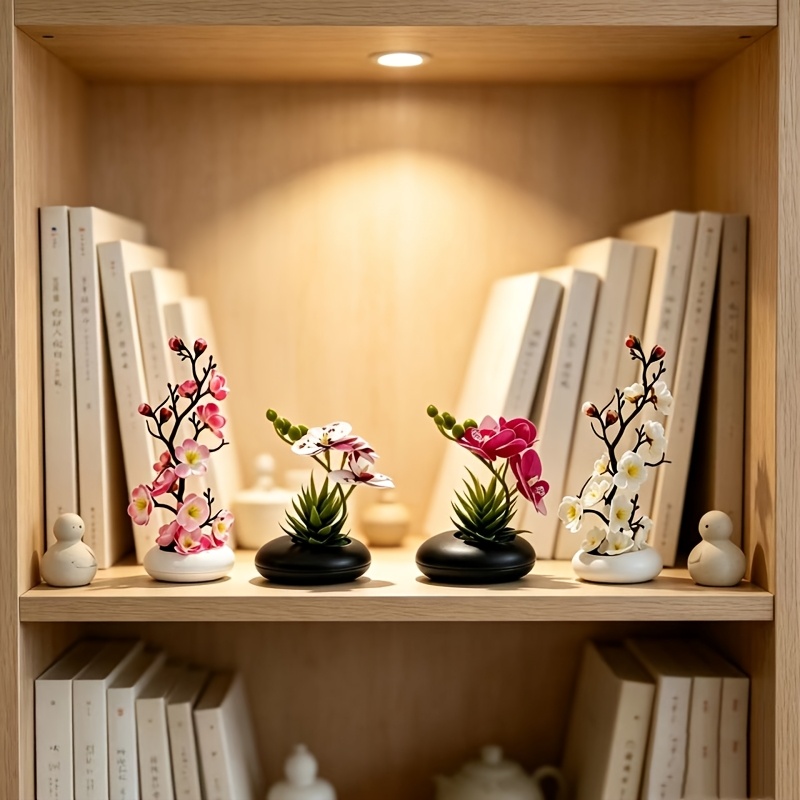TEMU Lot de 4 mini plantes en pot artificielles d'orchidées Phalaenopsis, bonsaï de bureau et réaliste, convient pour bureaux, étagères de bureau,