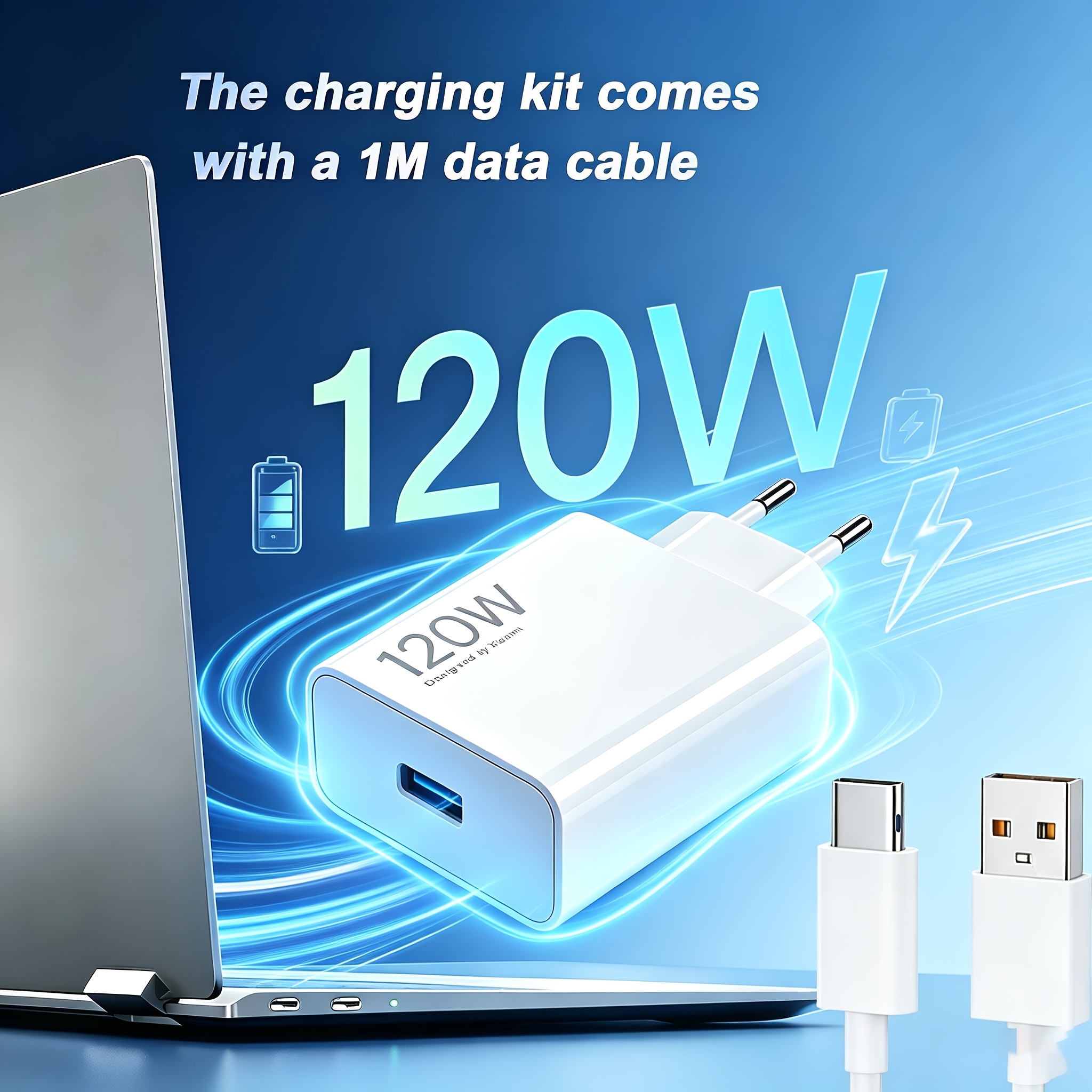 TEMU Combo de charge rapide Xiaomi 120W, adaptateur mural universel à prise UE type-A avec câble de données Type-C haute vitesse de 1 m, chargeur de