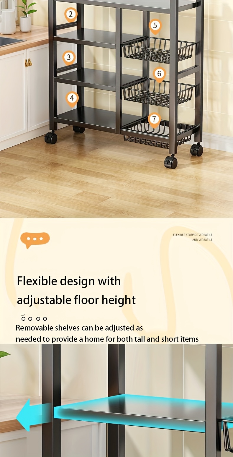 One Movable Storage Rack, a Four-Tier Adjustable Kitchen Shelf Featuring Three Wire Baskets, Designed for Organizing And Storing Items in The Kitchen. This Metal Shelf Rack Comes with Wheels And Is Ideal for Use in The Garage, Pantry