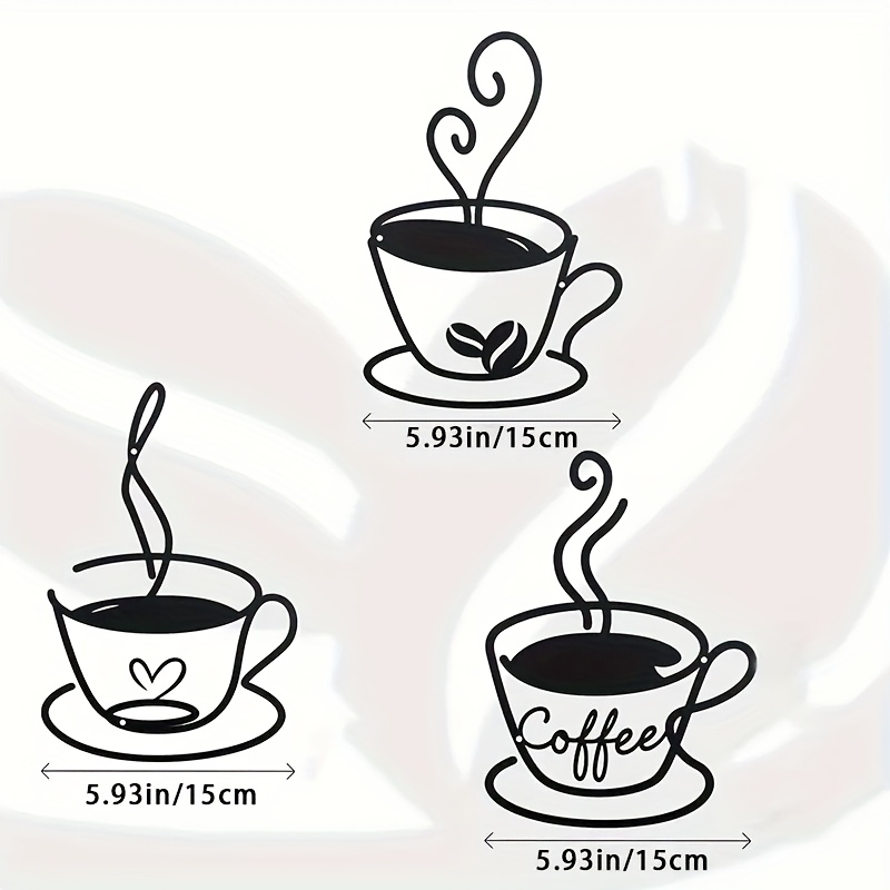2d Flat - 3pcs Set Of Retro Coffee Cups Metal Wall Art Set 2d Flat, Decorative Black Silhouette Cup With "coffee" And Floral Decoration Perfect For Kitchen/coffee Shop Decoration, Coffee Bar Additions