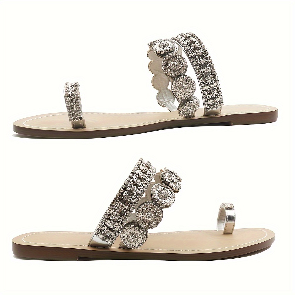 flat slide sandals women rhinestone toe loop design stylish details 0