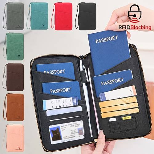 imagen del artículo multifunción para pasaporte con rfid - tarjetero vertical de gran capacidad y múltiples compartimentos, y organizador de identificación, de viaje para pasaporte, y tarjetas, portatarjetas, diseño minimalista