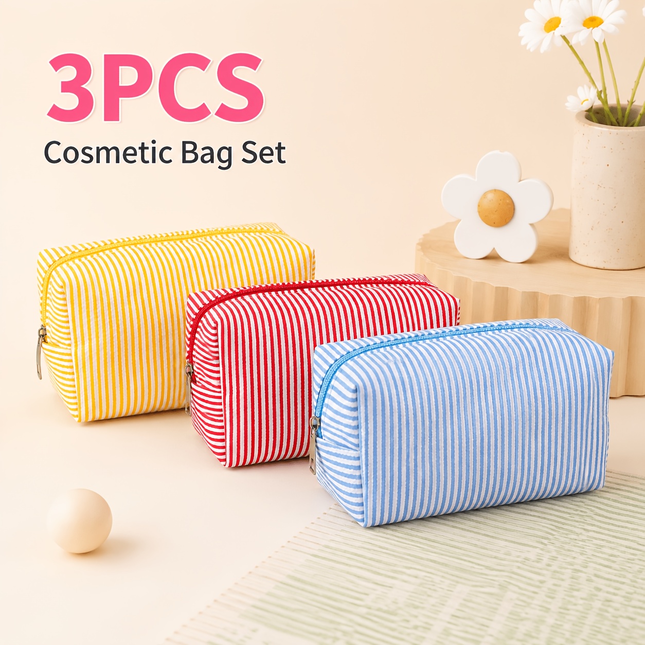 TEMU 3pcs Vertical Stripe Makeup Bag Set - Rose Red, Blue & Yellow Zippered Travel Organizers Suitable For Women' Toiletry, & Stationery Storage,