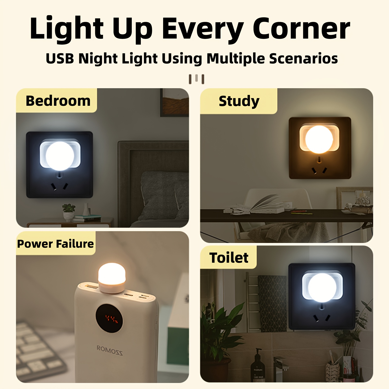 Mini Lámpara de Noche USB con Color Blanco Cálido, Lámpara de Lectura Ojo de Perro, Enchufe USB para Cargar el Ordenador y Batería Externa, Luz Nocturna LED