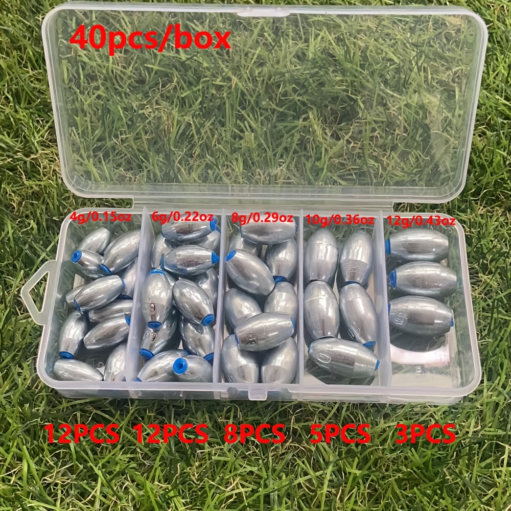 E-shop 40 Stk. Angelbleie in Olivenform, hohl, aus Legierung, 4g/6g/8g/10g/12g, Angelgewichte in Eierform aus Kohlenstoffstahl, Angelzubehör