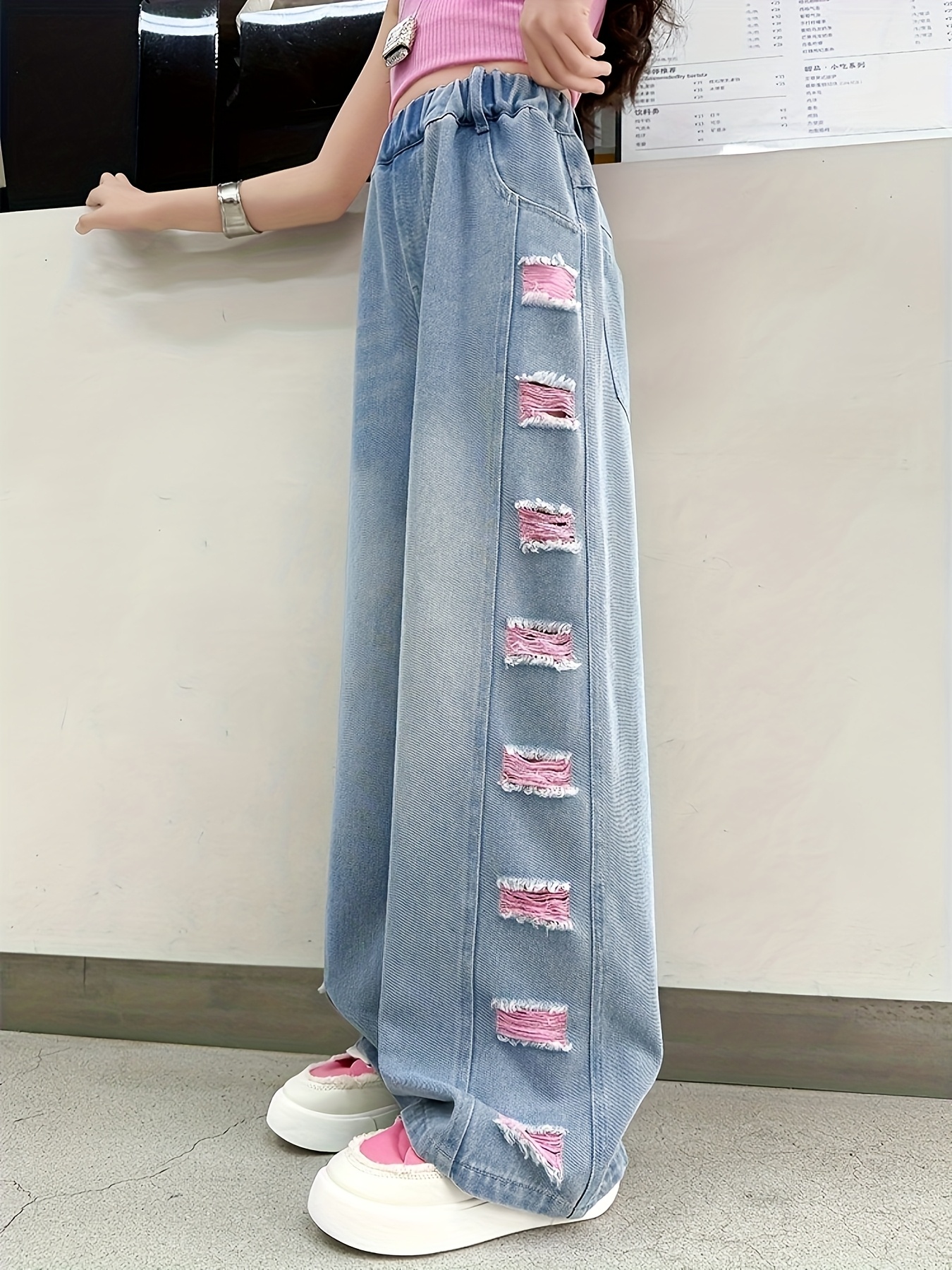 women's casual loose fit jeans ripped denim elastic Temu Oman