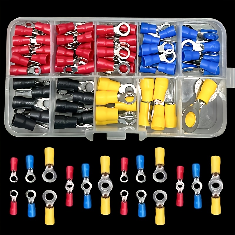 TEMU Kit de 102 pièces/boîte de connecteurs de câble universels, spatule à sertir, embouts à à anneau, fourche, bornes à anneau roulées pour câblage