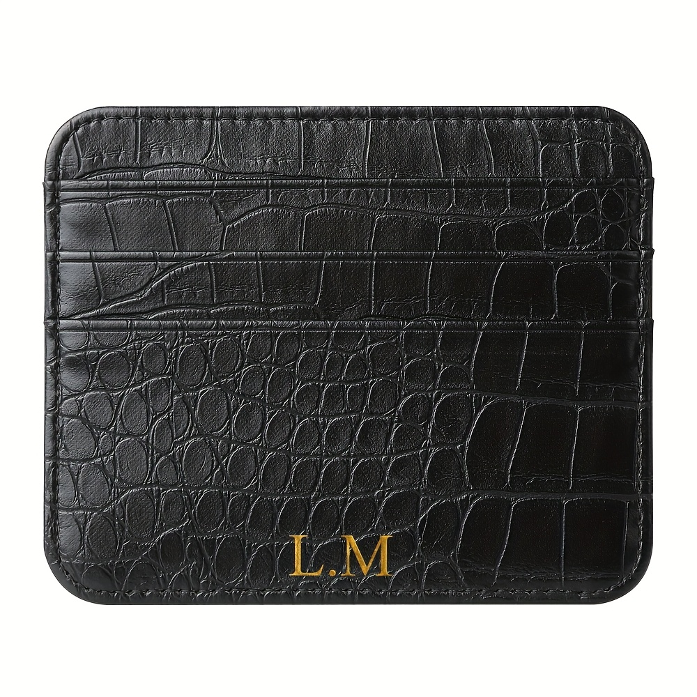 [customized]personalized Custom Golden Initials Letters Crocodile Pattern Ultra-thin Double-sided Card, Large-capacity Card Space, Small Card Bag, Multi-card Space, Faux Leather Card Cover, Card Bag