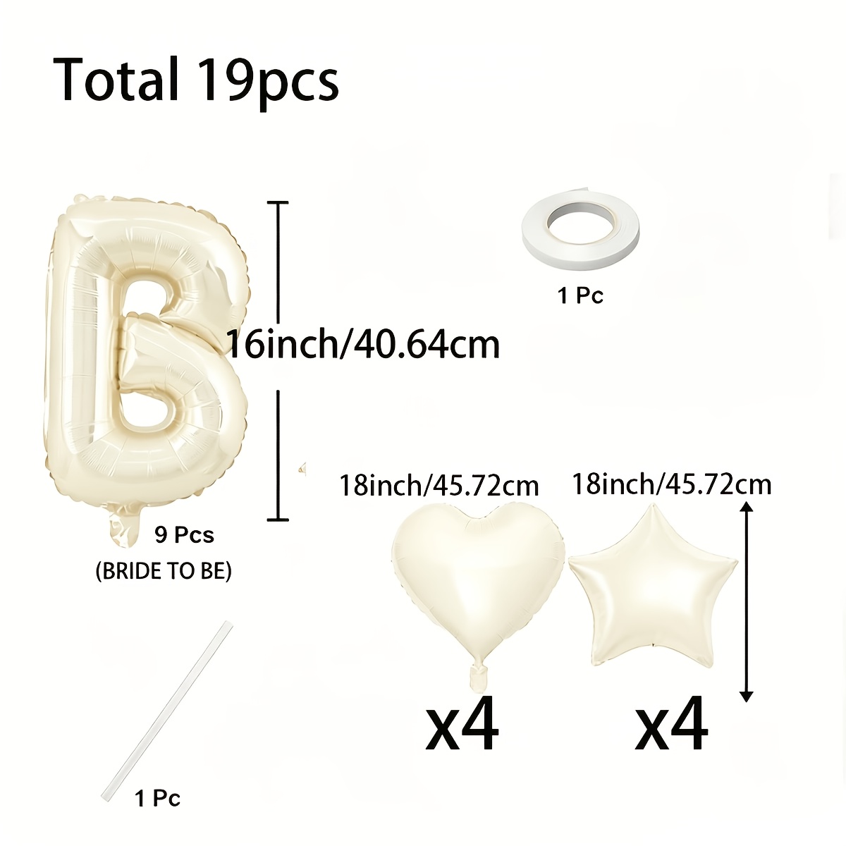 TEMU 40.64cm White Cream Bridal Balloon, With 45.72cm White Heart-shaped Balloon, Foil Balloon, Including 1pc Straw And 1pc Ribbon, Total 19pcs,