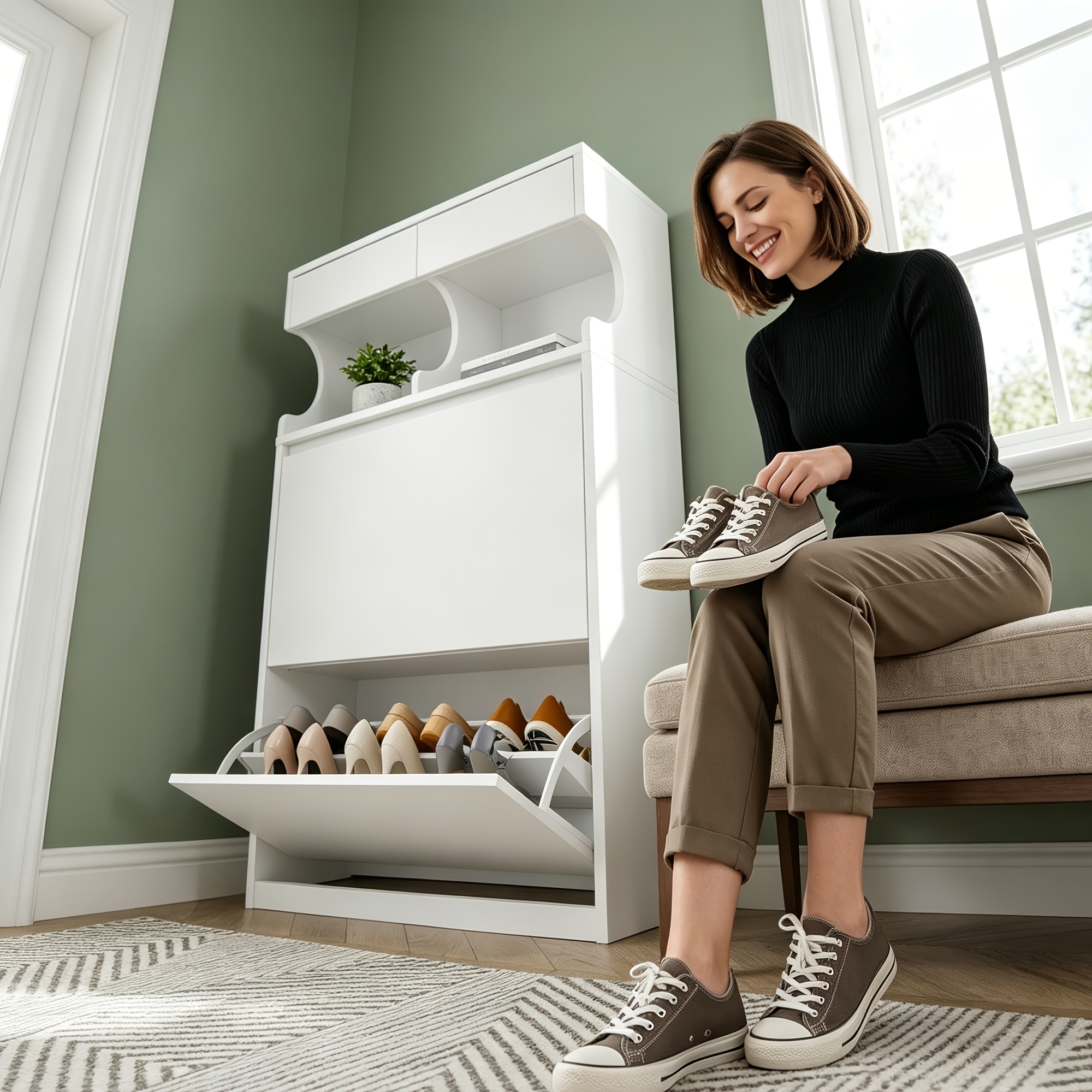 White, , Hinged Shoe Cabinet With Adjustable Shelves; Ideal For Small Apartments, , And ; 12-pair Shoe Rack