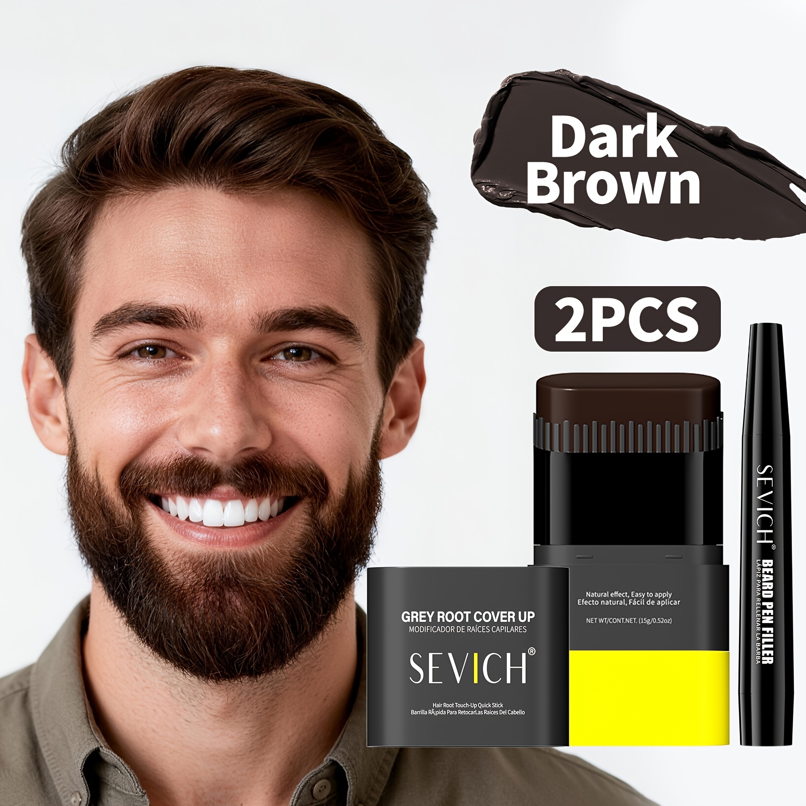 TEMU 2pcs Sevich Beard Dye Pen & Stick | Disposable Washable, Temporary Hair Cover Up For Men, 2 In 1 Hair Dye Pen Brush, Lasting Waterproof, Men's