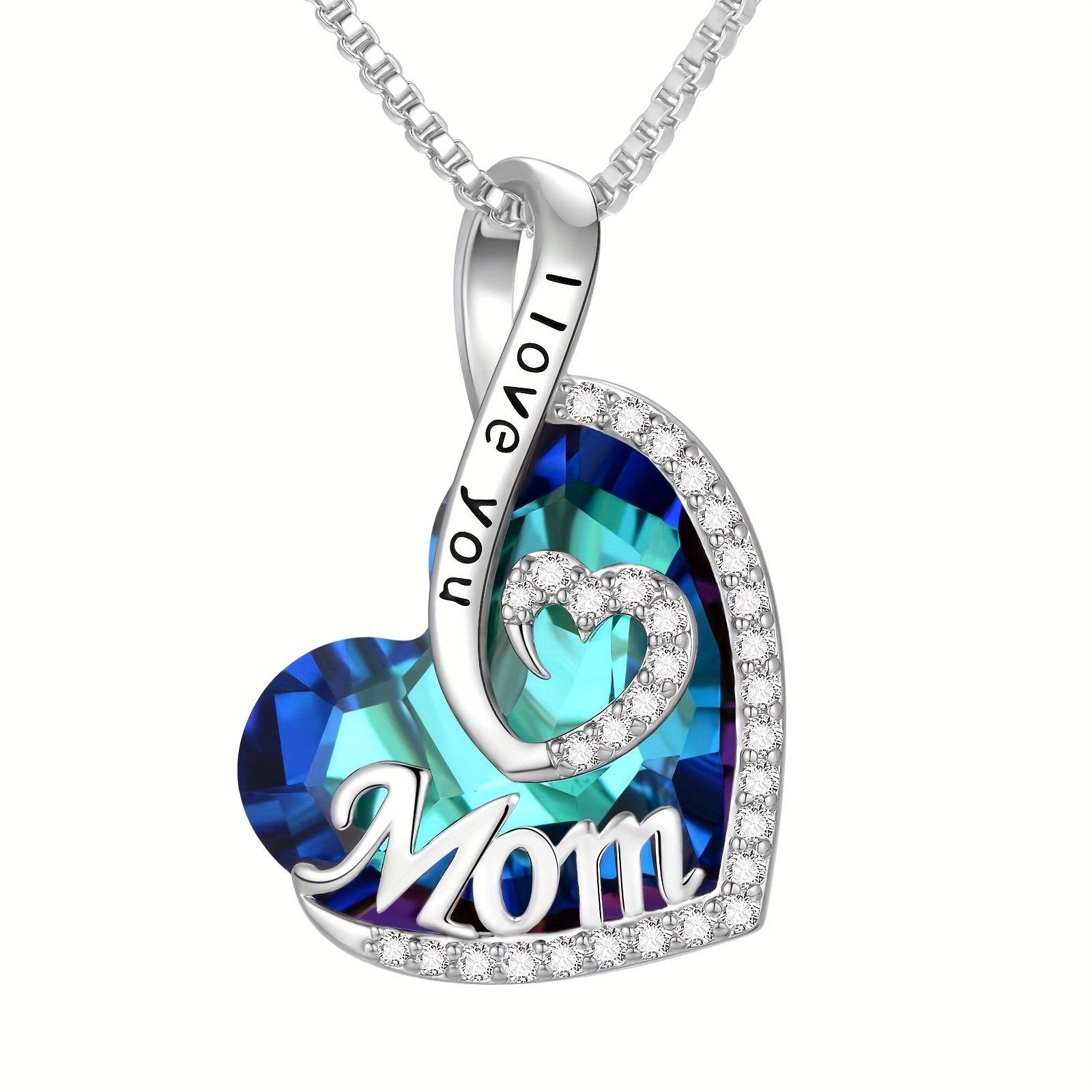 

Mom Necklaces For Women, S925 Sterling Silver Blue Crystal Necklace Love Heart Pendant Necklace, Mother's Day Valentine's Day Christmas Birthday Jewelry Gifts For Her Wife Mama Grandma