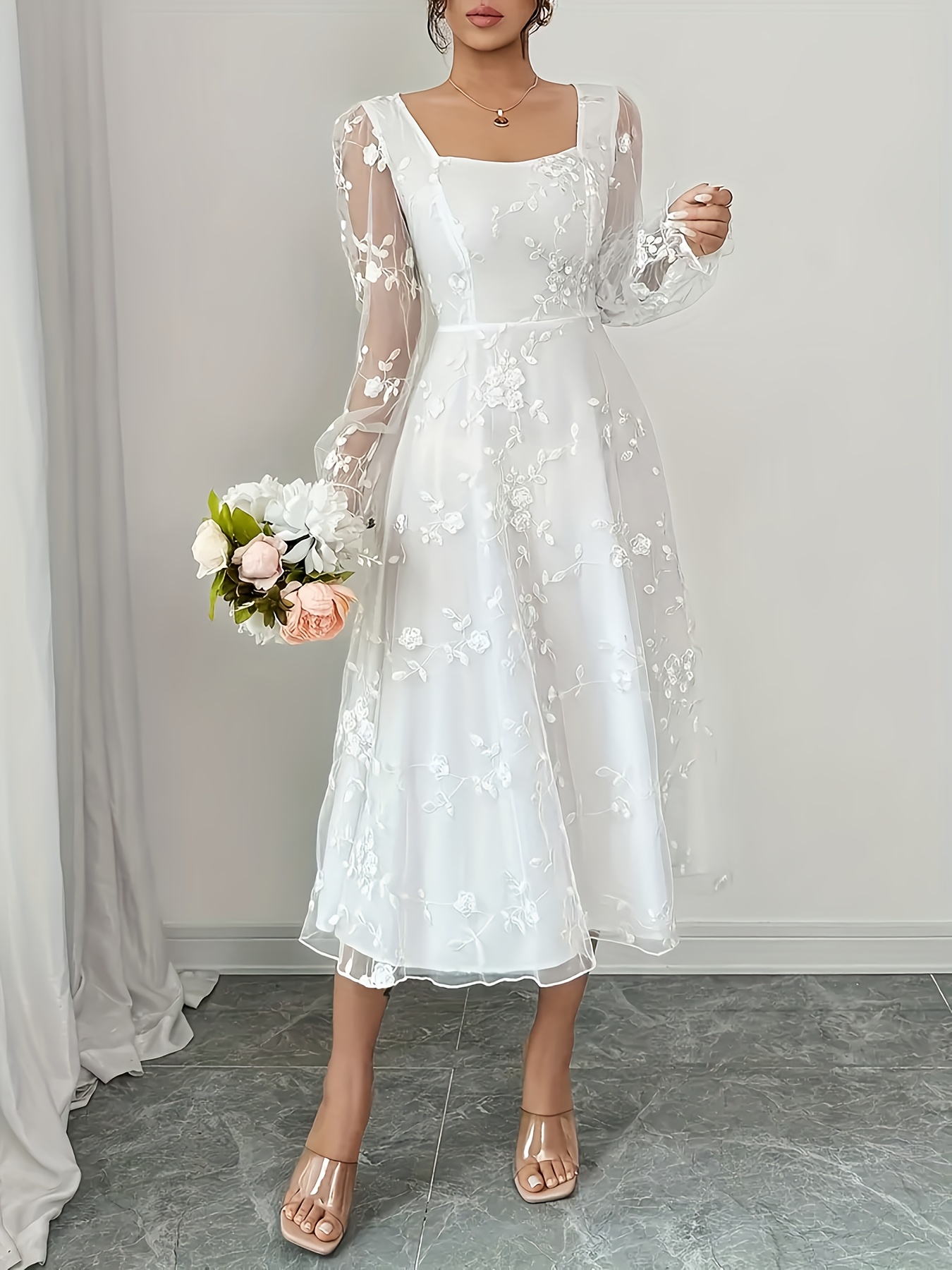 elegant floral embroidered mesh spliced long sleeve a line - Temu Mauritius