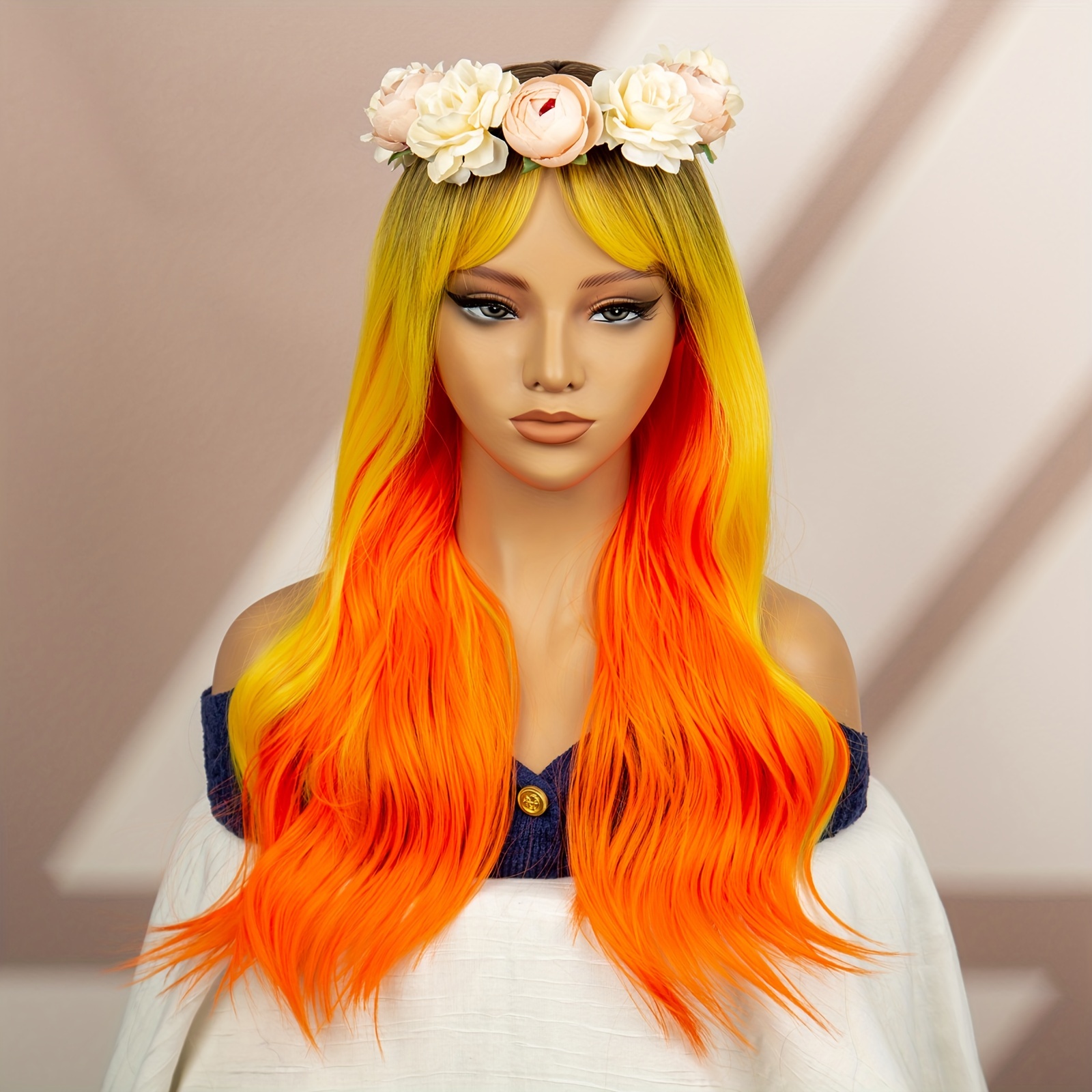 Yellow Orange Red Dark Roots Halloween Cosplay Long Wavy Temu