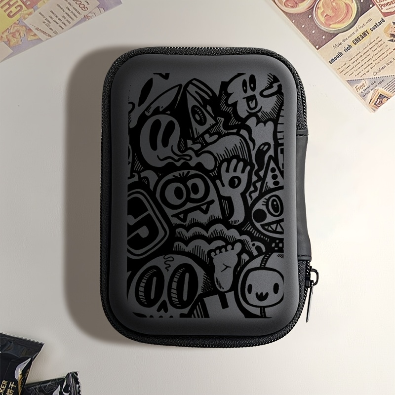 Image of Stylish Black & White Cartoon Eva Hard- 4.3-inch Compact Storage Bag - Durable Protective Travel Organizer For Electronics Accessories, Headphones, Hard Drives & Cables