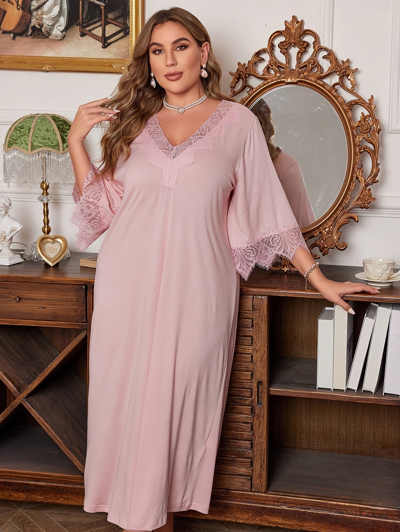 Plus Size Women's Elegant V-Neck Lace Trim Sleep Dress Soft Pink  Breathable Nightgown, Machine Washable Loungewear for Home Relaxation, L