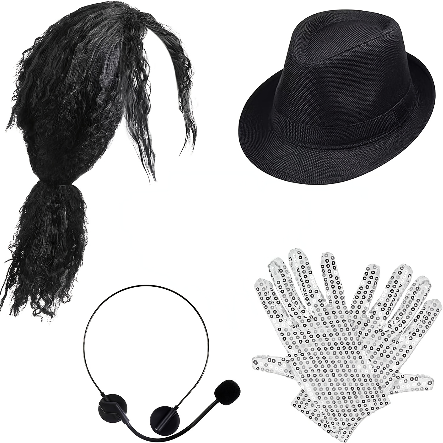 TEMU 4pcs Popular Rock Costume Set, Including A Hat, Black Curly Wig, Sequin Gloves, And Prop Headphones. Suitable For Performance Costumes And