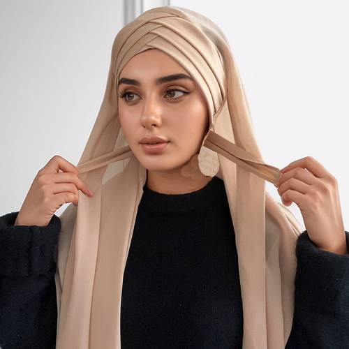 1pc solid color womens soft turban convenient cross style decorative muslim headscarf hijab scarf with tie for ramadan festive celebration