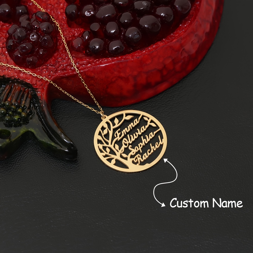 TEMU [Personnalisé] Collier Pendentif Mode Femme, Pendentif Rond Plaqué Or 18K, Collier Arbre de Famille Personnalisé, Gravable avec 1-4 Anglais,