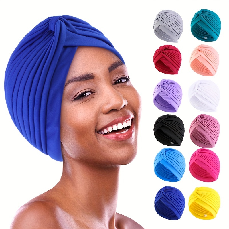 

12pcs Solid Color Crisscross Turban Hats, Stretchy Chemo Hats, Lightweight Pleated Headwear For Women