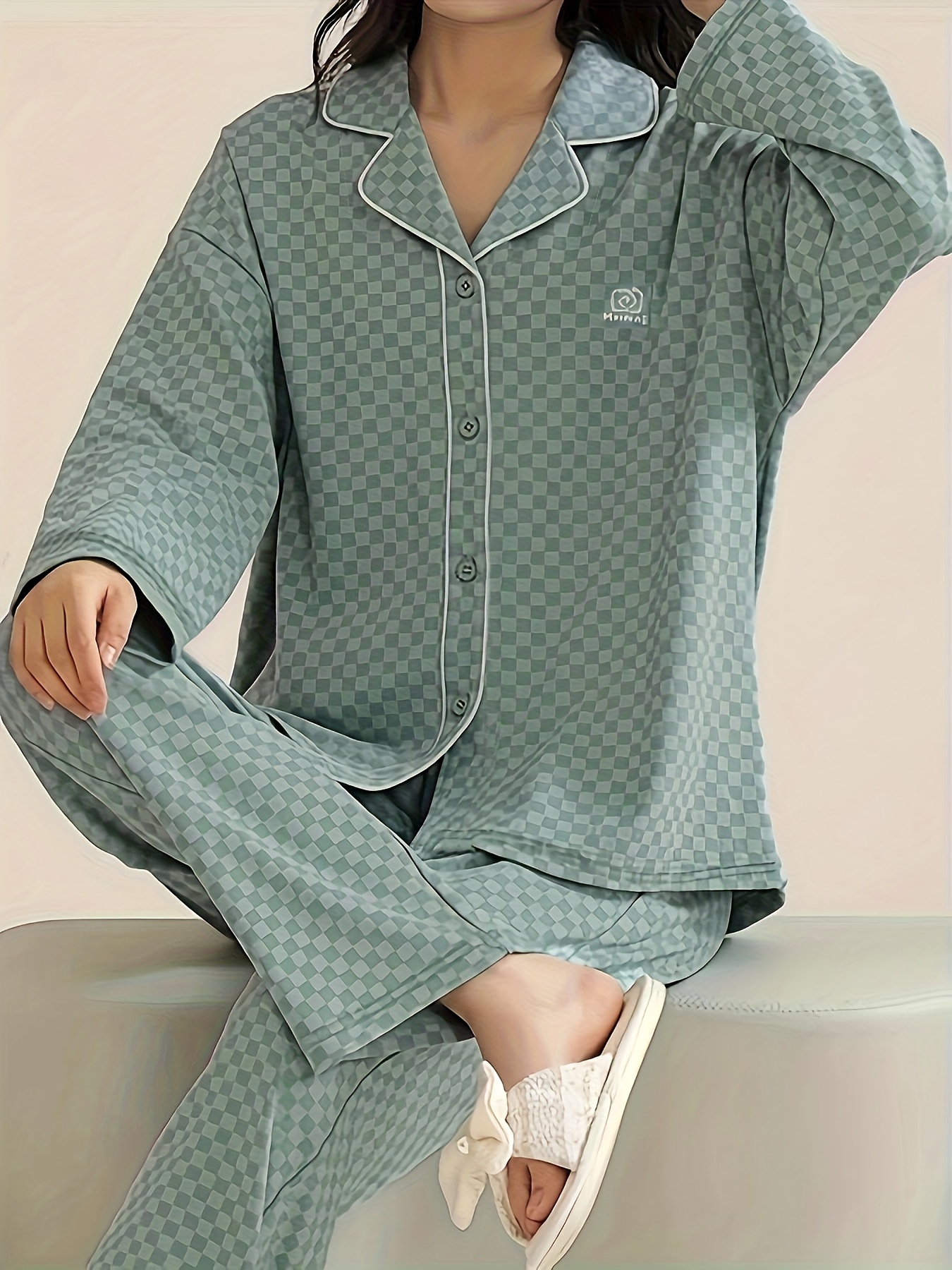 Conjunto Pijama Mujer Pantalones Manga Larga Cuadros - Temu