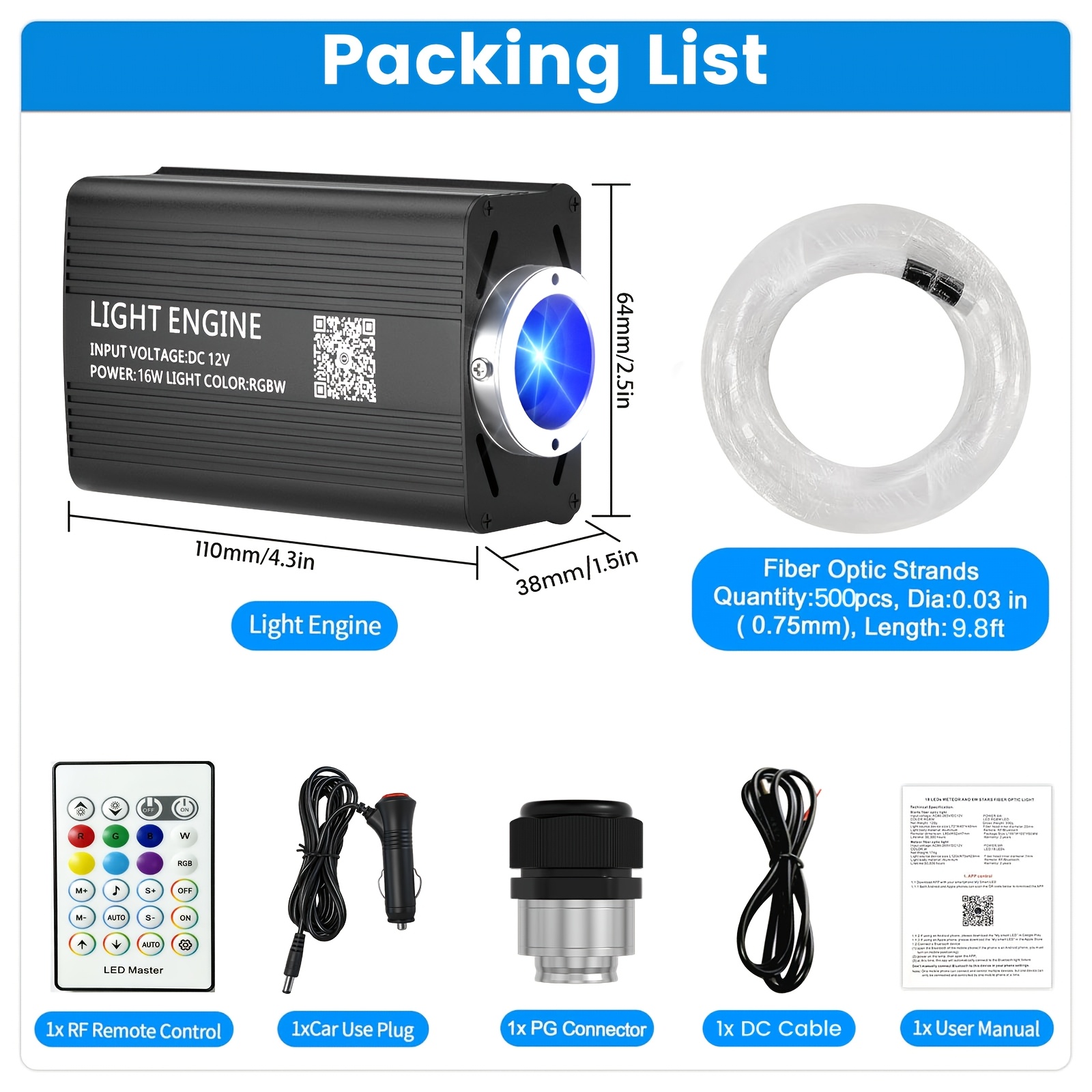 Image of Vastfire Kit - 500pcs 0.03in 6.5ft/9.8ft Fiber Optic, 16w Rgbw Ambient Star Ceiling Light, App & Remote Control With Music Sync, Interior Decor Lights For Car Bedroom Ceiling