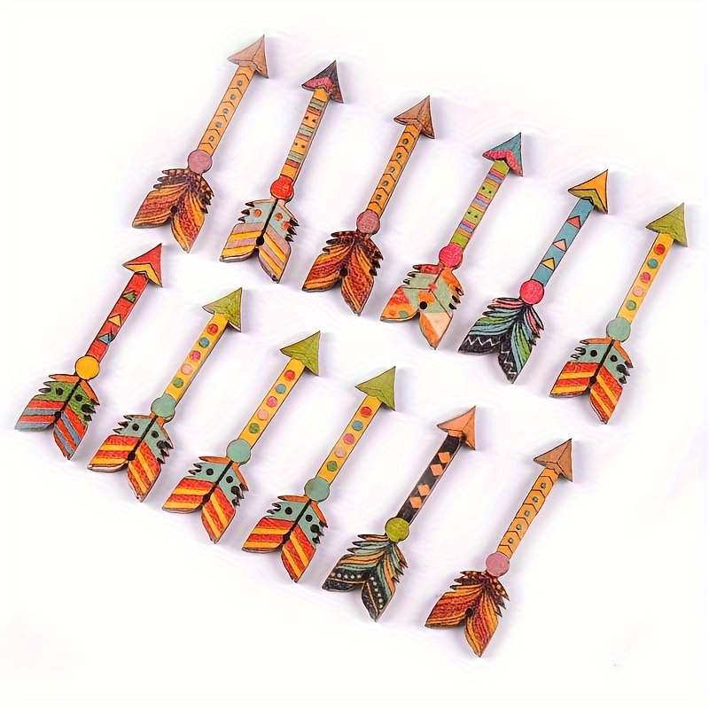 25pcs Of 4.4*1.2cm Patterned Random Printed Arrow Single-hole Wooden Craft Diy Pendant Decorative Accessories