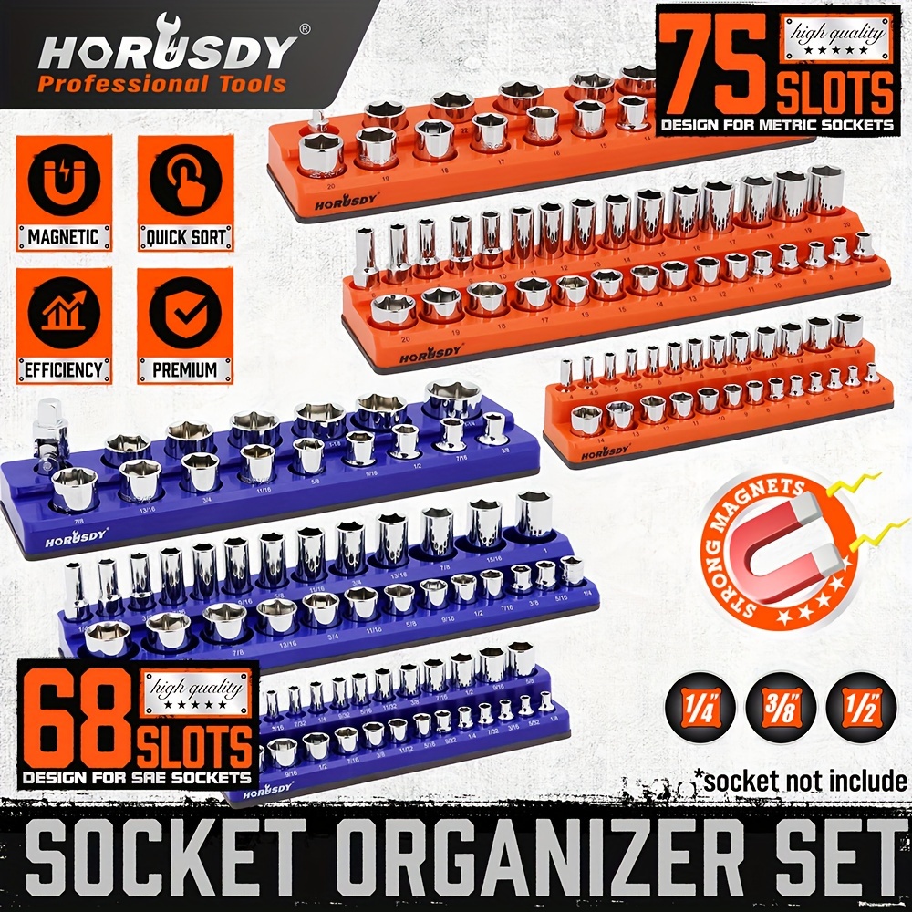 

6-piece Magnetic Socket Organizer Set Magnetic Socket Holder 1/4" 3/8" 1/2" Socket Holds 143 Pieces Magnetic Socket Trays