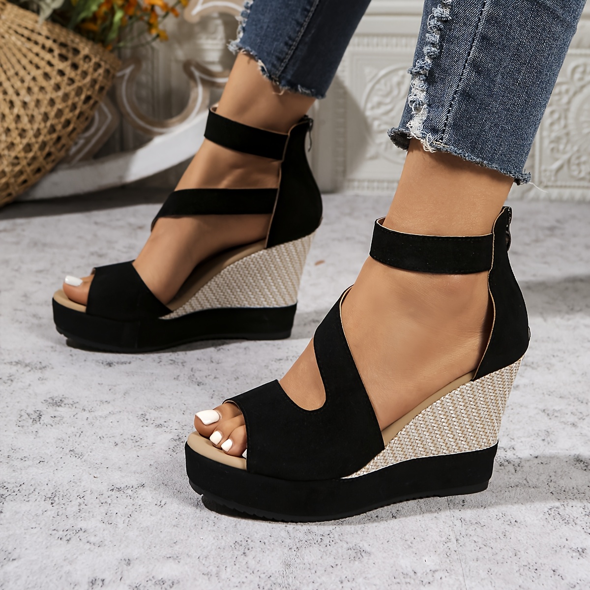 Women'S Elegant Olive Green Platform Sandals with Zipper Closure - Stylish Wedge Heel, Open Toe Design, Synthetic Insole & Sole, Perfect for Summer, Summer Footwear | Elegant Sandals | Zipper Closure Shoes