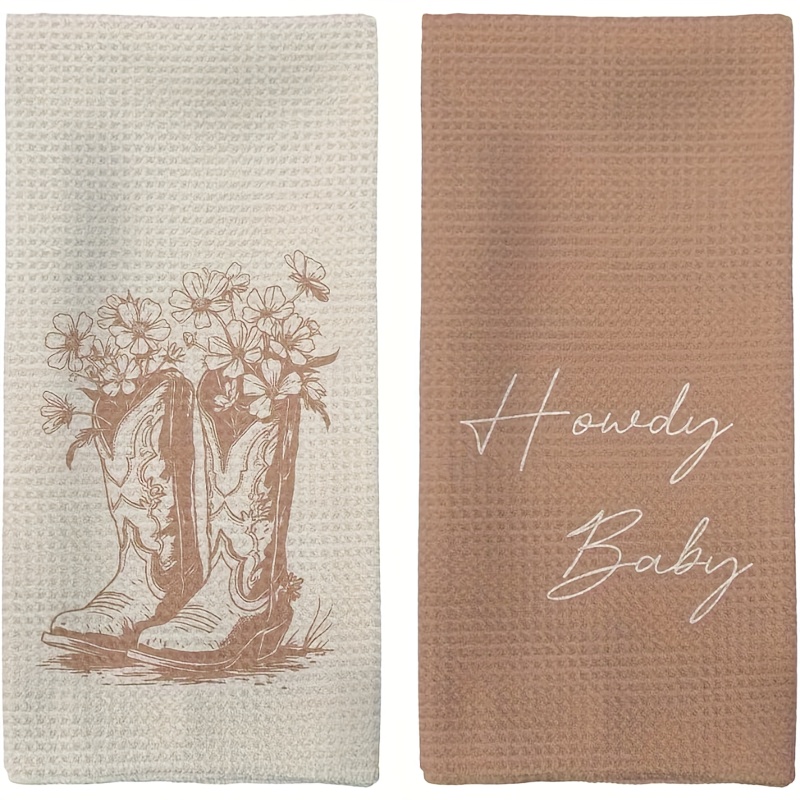 Image of 2pcs Western Cowboy Towels, Polyester Fiber Material, Modern Cartoon Theme, Machine Washable, Perfect For Home Decor. 2 Styles Of Tea Towels Floral And Cowboy Elements, Ideal For Kitchen Dishcloths
