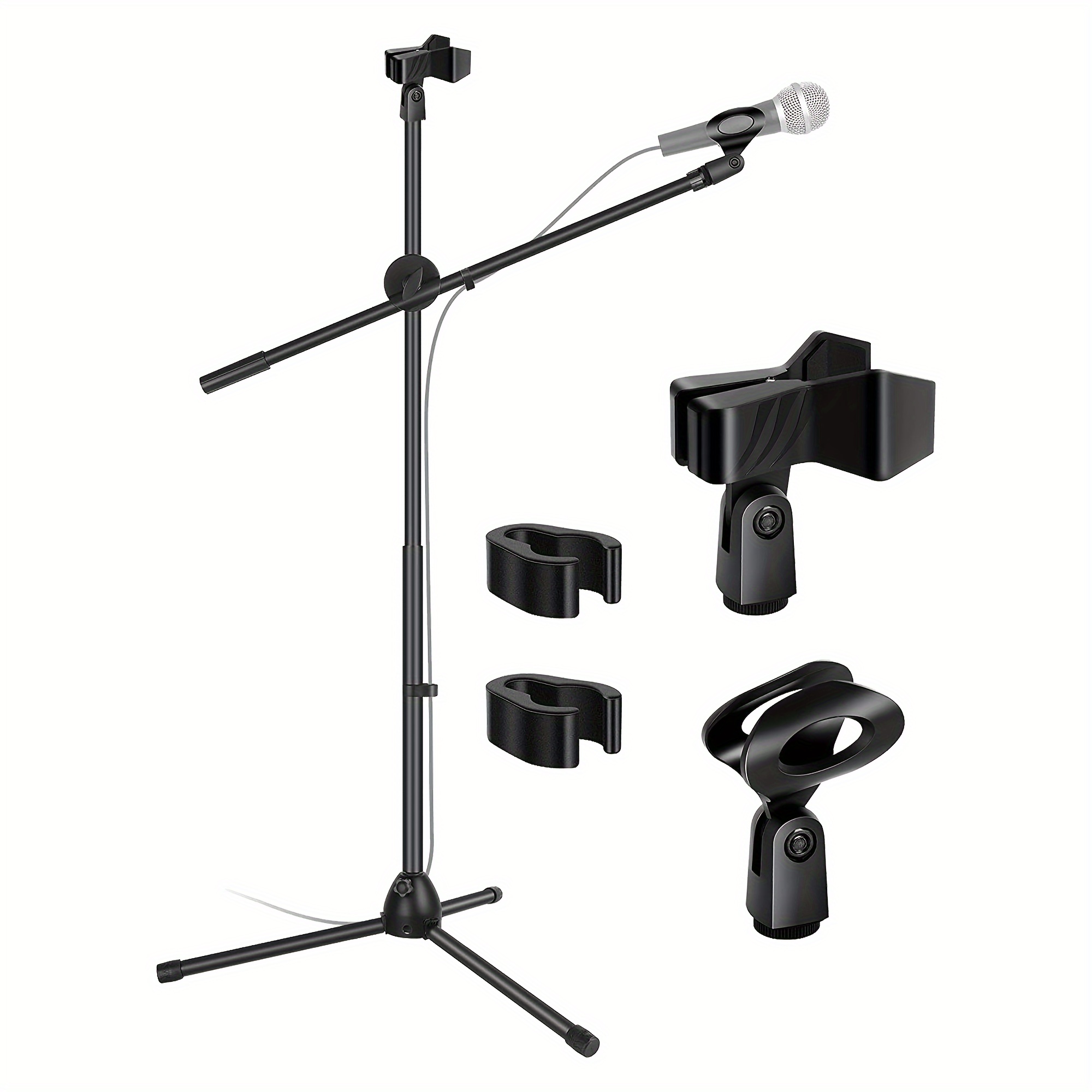 

Microphone Stand Boom With Tripod Base Foldable Adjustable Height Up To 86 Inches 360 Degree Rotation With Dual Microphone Stand And Gold Microphone Screws Singing Speech Stage Outdoor