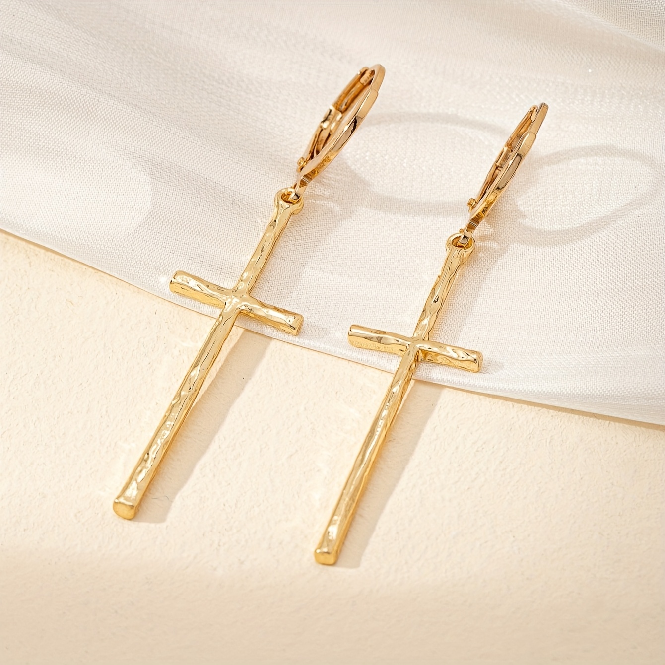 Golden Tone Cross Dangle Earrings - Hypoallergenic Iron