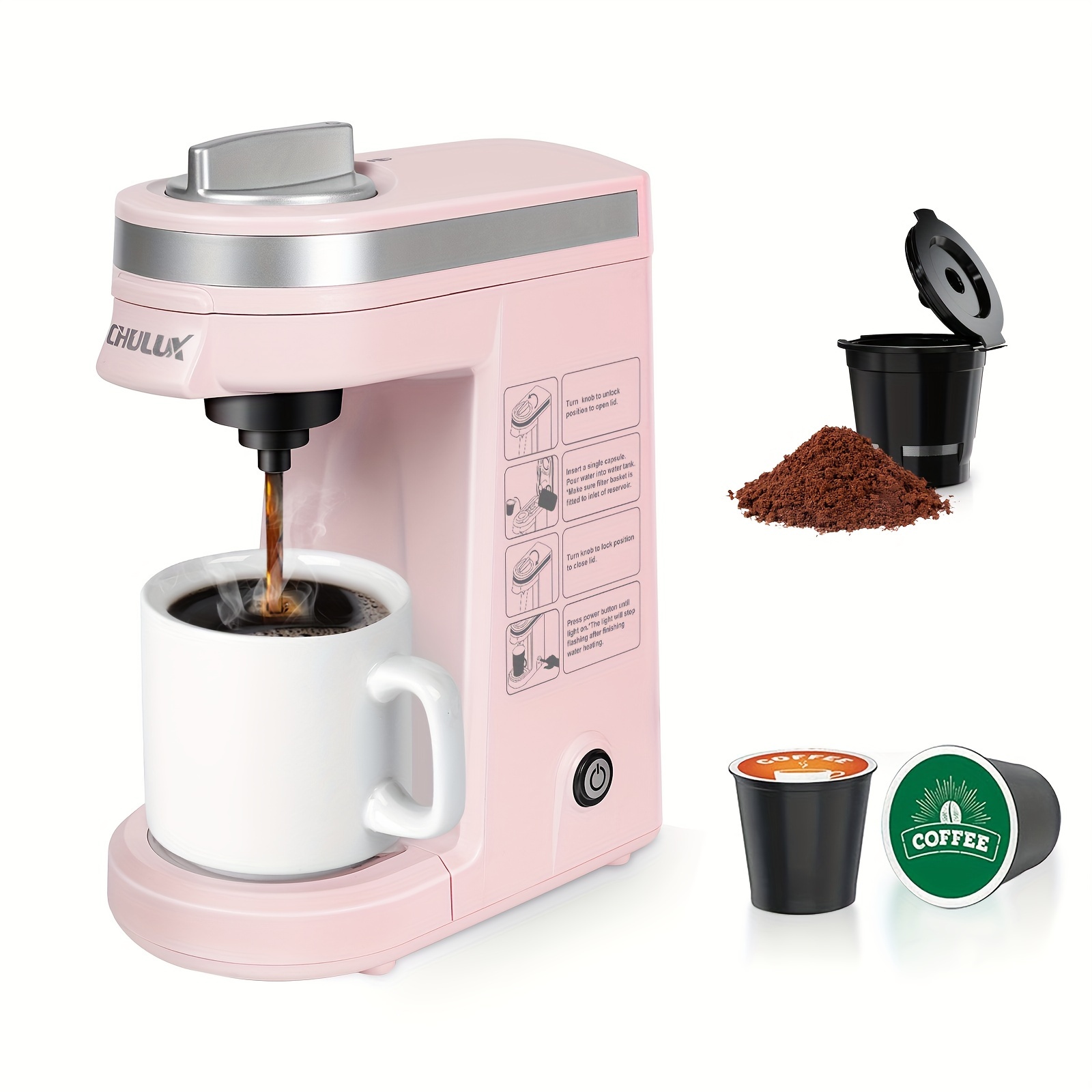 

Pink Single Serve Coffee Maker With Reusable Coffee Filter For K Pod Capsule Ground Coffee Tea Leaf, Mini Single Cup Coffee Machine With 12 Ounce Built-in Water Tank, 1 Button For Fast Brewing