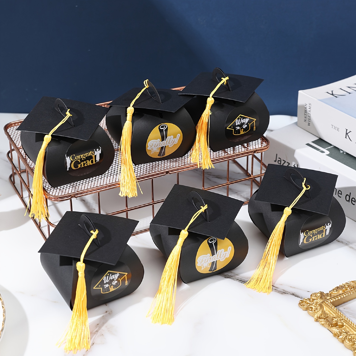 

24-piece Graduation Cap Candy Boxes With Tassels - Antique Copper Finish, Perfect For Grad Party Favors & Gifts