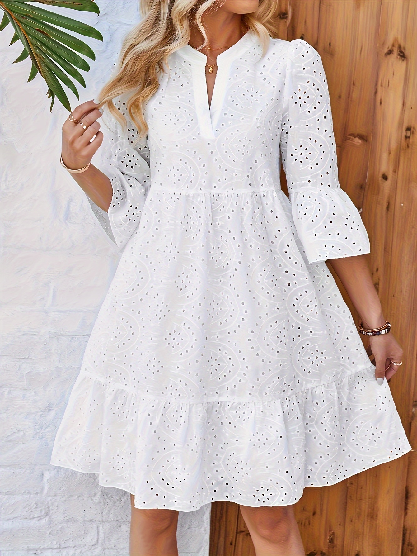 ms   elegant   ms ai mulins vacation casual solid color cut out embroidered lantern sleeve dress white 0