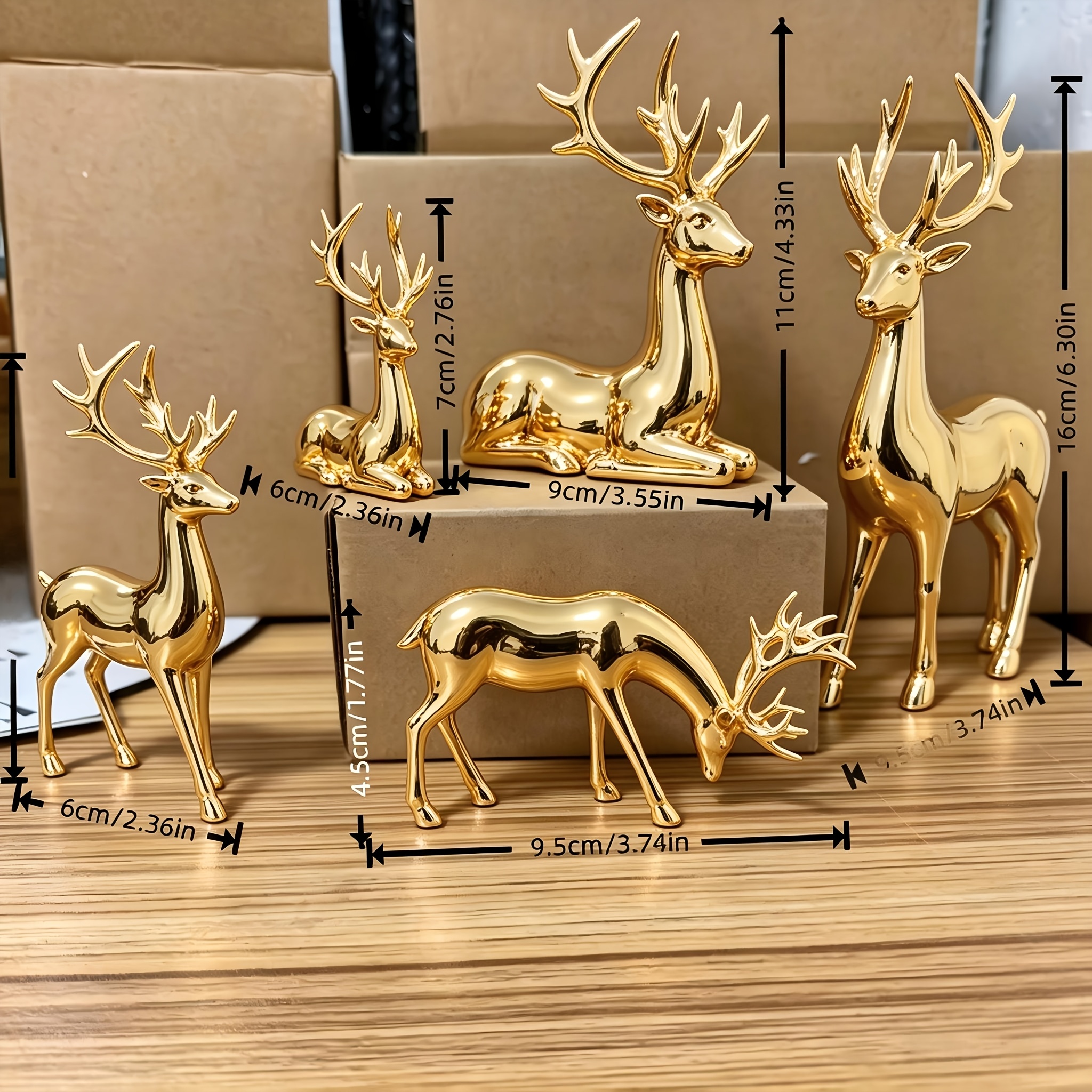 TEMU 5pcs Set, Golden Elk Figurine Ornament, Resin Statue, Home Decor Ornament, Suitable For Office, Bedroom, Living Room, And Other Desktop