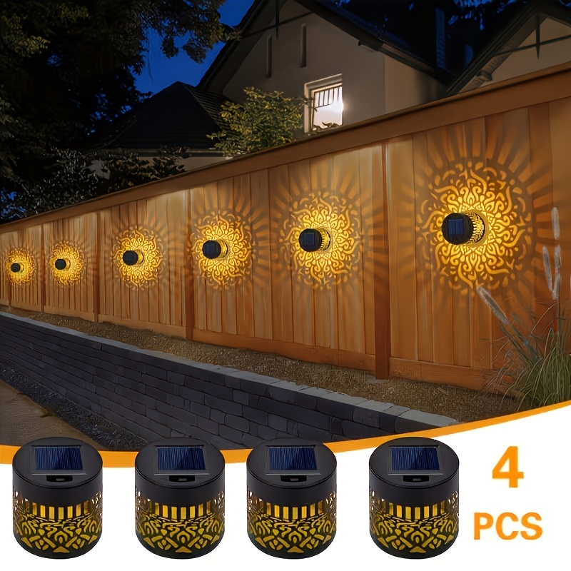 TEMU 4pcs Solar Wall Fence Lights Metal Lantern, Solar Powered Outdoor Deck Step Lights, Mandala Theme Ip44, Led Solar Landscape Light Projection For